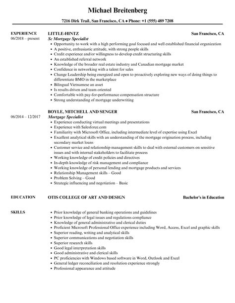 Mortgage Specialist Resume Samples Velvet Jobs