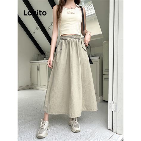 Lovito Women Casual Plain Drawstring Skirts Lne Apricot Black