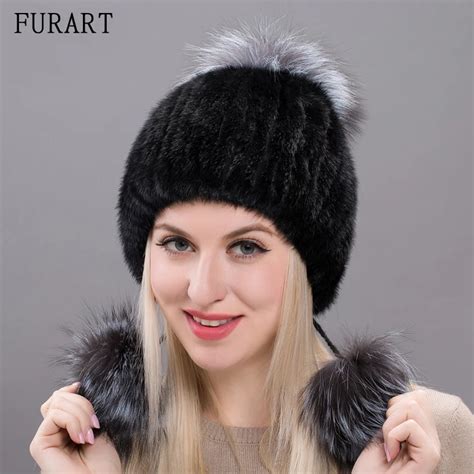 Russian Real Mink Fur Hat For Women New Brand Winter Knitted Mink Fur