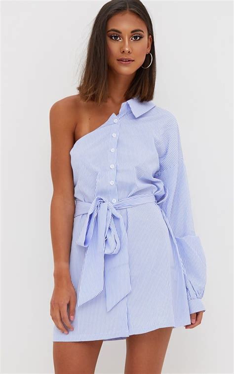 Blue Striped One Shoulder Shirt Dress Dresses Vêtements Femmes Robe