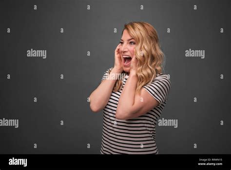 Emotional Blonde Screams Frightened Woman Screaming Straining Standing