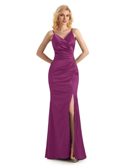 Sexy Soft Satin Side Slit V Neck Long Mermaid Prom Dresses Online Chicsew