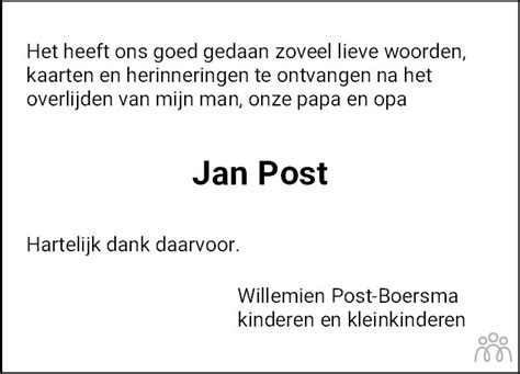 Jan Post 26-02-2021 overlijdensbericht en condoleances - Mensenlinq.nl