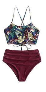 Amazon Zaful Women S Knot Scoop Neck Bikini Set Ruched High Waisted Two Piece Swimsuits