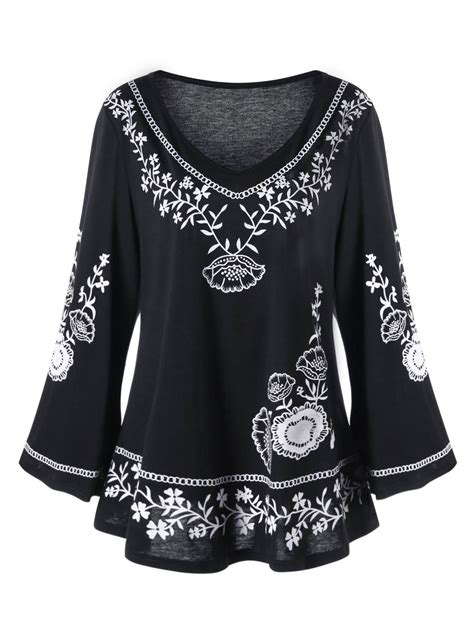 [70 Off] Plus Size Monochrome Floral Bell Sleeve Top Rosegal