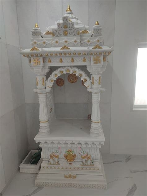 White Hand Carved Pooja Mandir For Home Pattern Antique Size 60x120