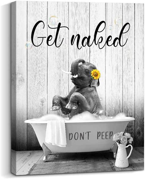 AEFER Funny Bathroom Wall Decor Get Naked Canvas Wall Art Cute Elephant Taking A Bath Poster