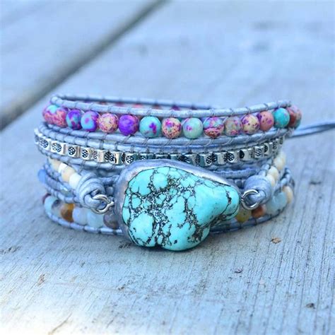 Handmade Turquoise Jasper And Amazonite Leather Wrap Bracelet