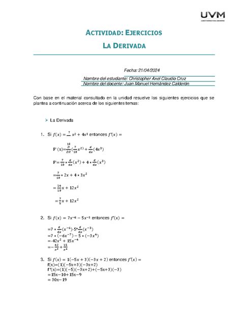 Ejercicios Derivada Actividad Ejercicios La Derivada Fecha