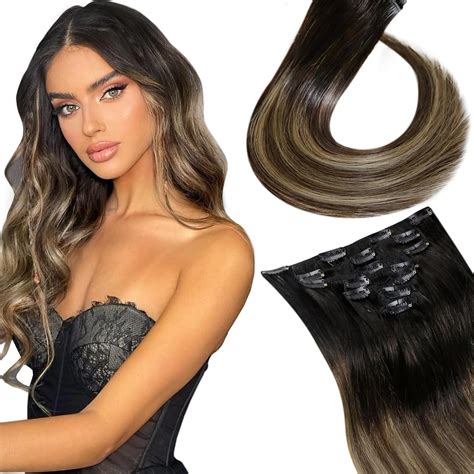 Laavoo Black Ombre Hair Extensions Real Human Hair Clip Ins Natural Black To Dark