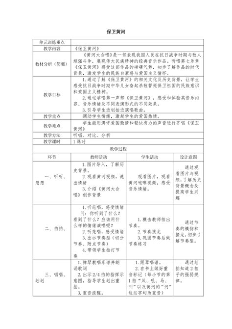 六年级下册音乐教案第3课 歌曲《保卫黄河》花城版（表格式） 21世纪教育网