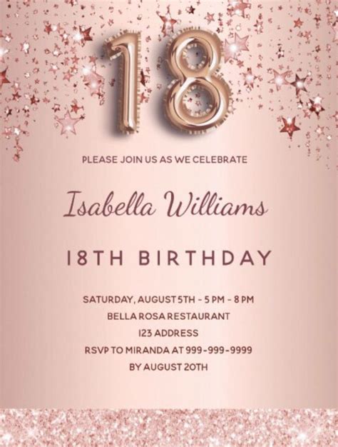 Th Birthday Rose Gold Pink Stars Balloon Script Invitation Zazzle