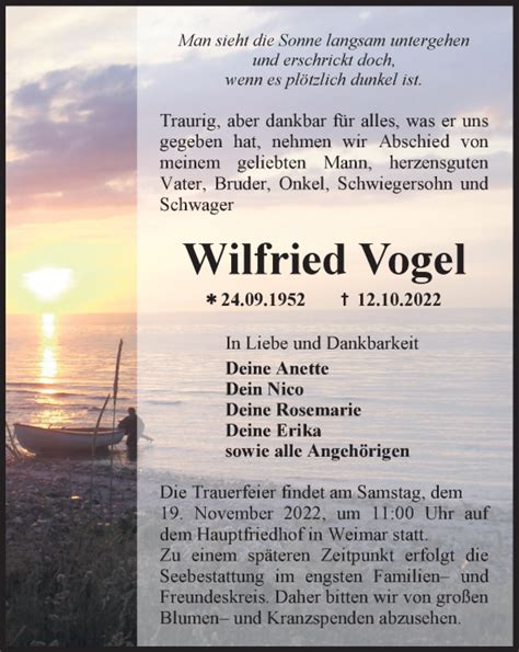 Traueranzeigen Von Wilfried Vogel Trauer In Thueringen De