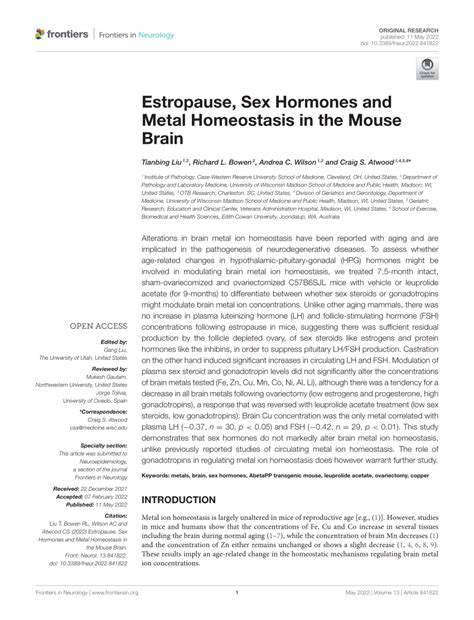 Pdf Estropause Sex Hormones And Metal Homeostasis In The Mouse Brain