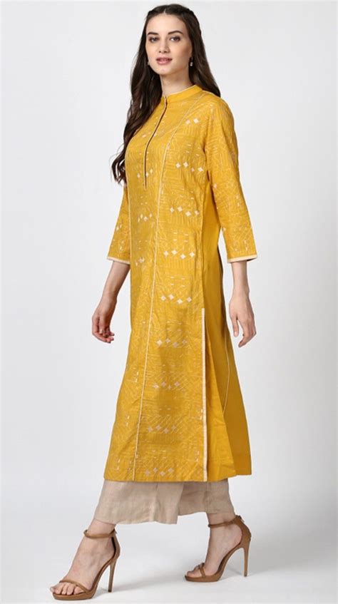 Buy Yellow Solid Colored Semi Fitted Kurta Online Rk India Store View Kurti Designs Kurta