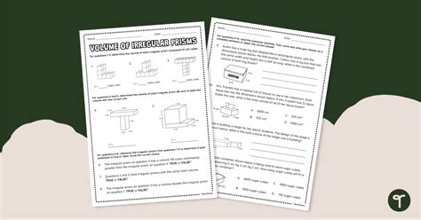 Volume Of Irregular Prisms Worksheet Teach Starter