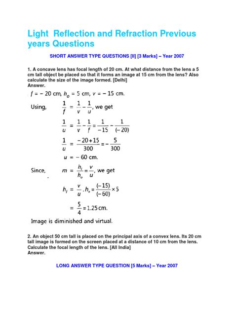 Light Reflection And Refraction Questions Pdf