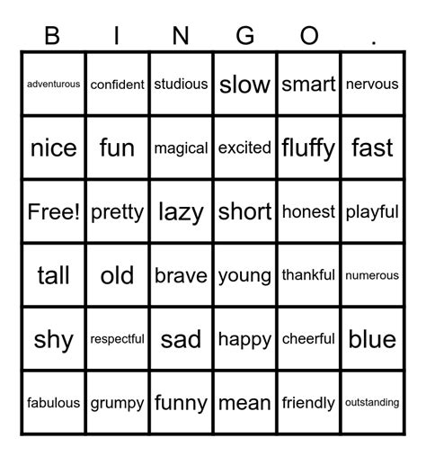 Adjective Bingo Card