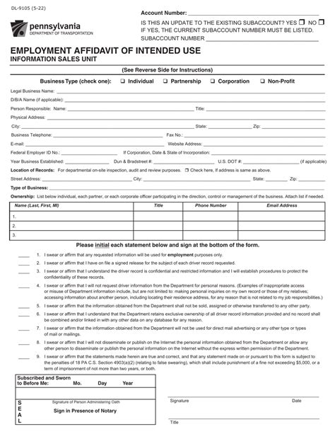 Form Dl 9105 Download Fillable Pdf Or Fill Online Employment Affidavit Of Intended Use