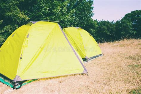 Two Yellow Tents On Dry Grass Stock Photo Image Of Hiking Picnic