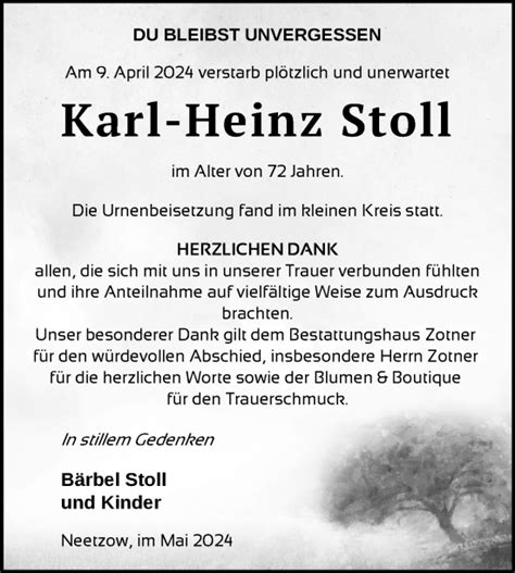 Traueranzeigen Von Karl Heinz Stoll Trauer Nordkurier