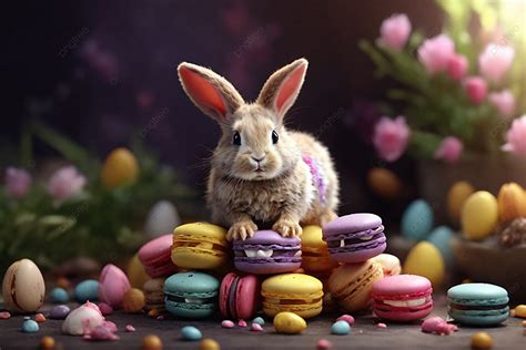 Cute Bunny And Tasty Colourful Macarons Background Tasty Colourful