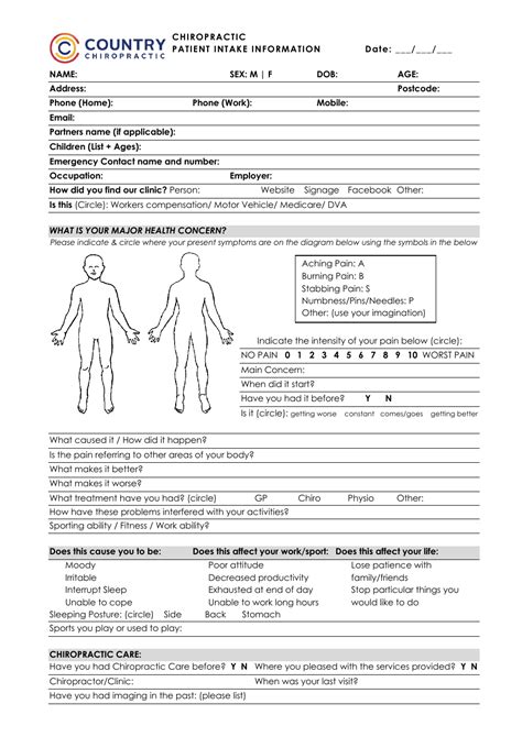 Chiropractic Patient Intake Form Country Chiropractic Fill Out