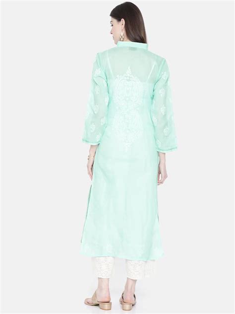 Ada Hand Embroidered Sea Green Cotton Lucknow Chikan Women Kurta