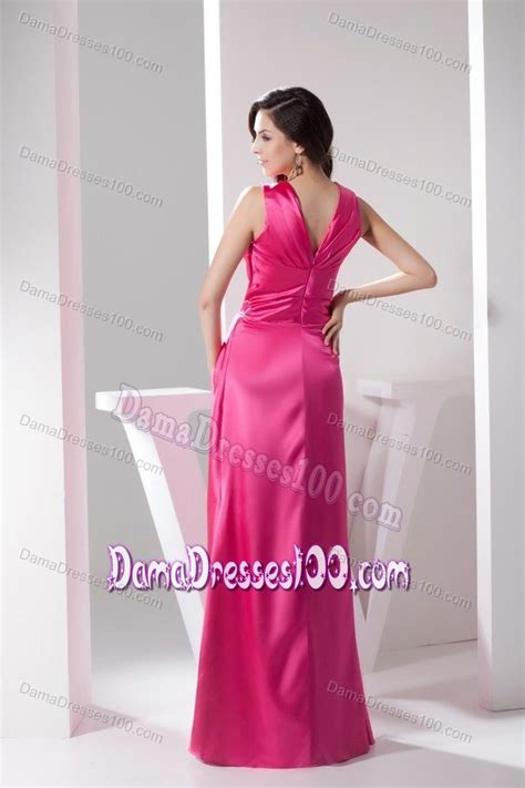 Ruching Deep V Neck Formal Dresses For Dama In Hot Pink