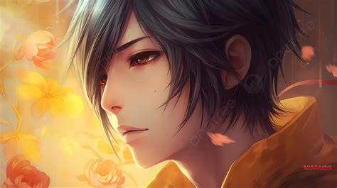 An Anime Man With Black Hair With Flowers Background Yn Picture