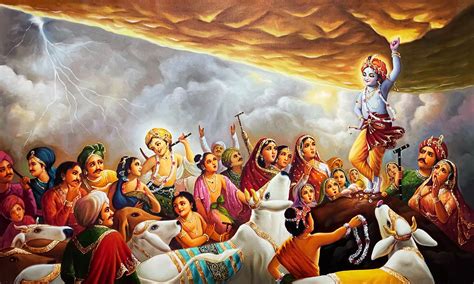 krishna lifting mount govardhan handmade oil painting  etsy