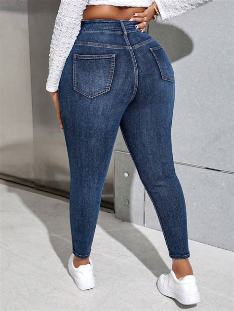 Shein Essnce Women S Plus Size High Waisted Slim Fit Denim Jeans