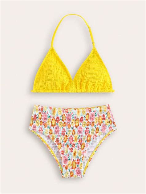 New Fashion Tween Girl Printed Splice Bikini Swimwear Set SHEIN USA