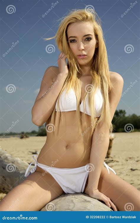 Beautiful Blonde Woman In White Bikini Stock Photo Image Of Outdoor