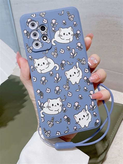 Cartoon Cat Print Phone Case With Lanyard In Phone Cases Print