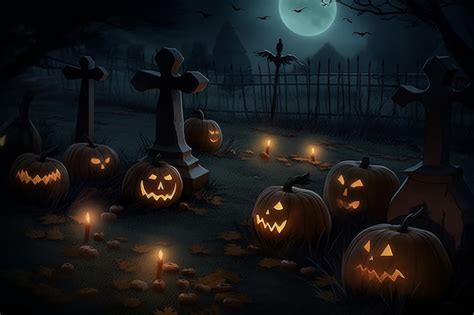 Premium Photo Spooky Halloween Backdrop With Pumpkins In A Cemetery