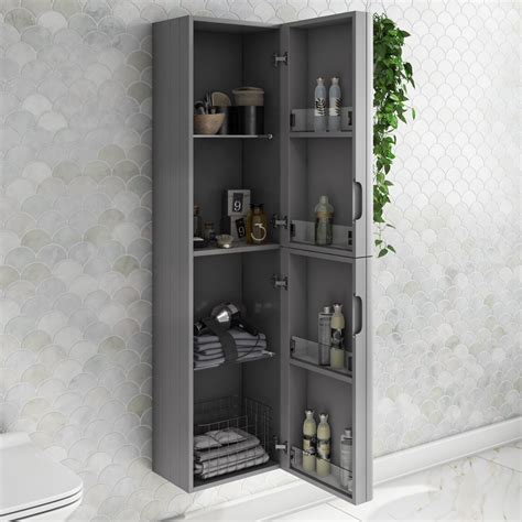 Double Door Grey Wall Mounted Tall Bathroom Cabinet 350 X 1400mm Empire Furniture123