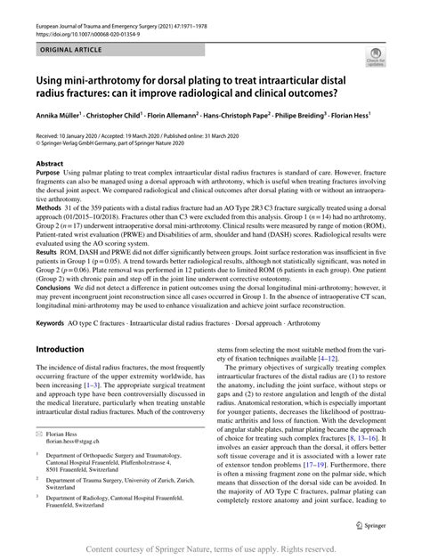 Using Mini Arthrotomy For Dorsal Plating To Treat Intaarticular Distal