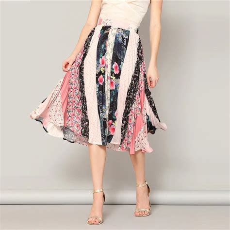 Boho Multicolor Print Chiffon Pleated Flared Midi Skirt Power Day Sale