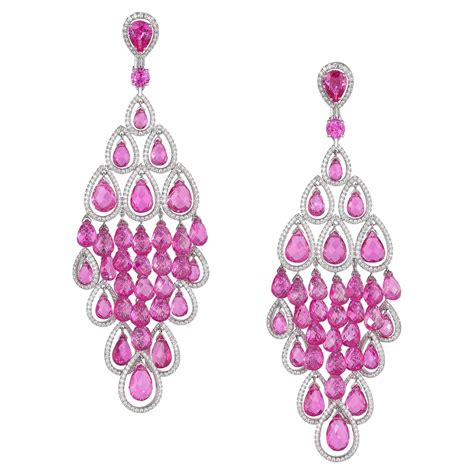 Graff Pink Sapphire Diamond 18 Karat White Gold Drop Earrings For Sale