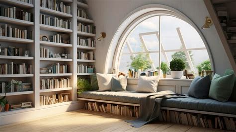 Premium AI Image | Cozy Reading Nook with White Bookshelves