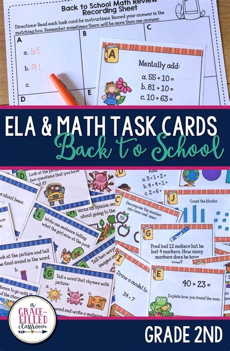 Back To School Math And Ela Review Task Cards 2nd Grade Math Task