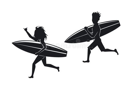 Man And Woman Surfers Running With Surfboard Stock Vector