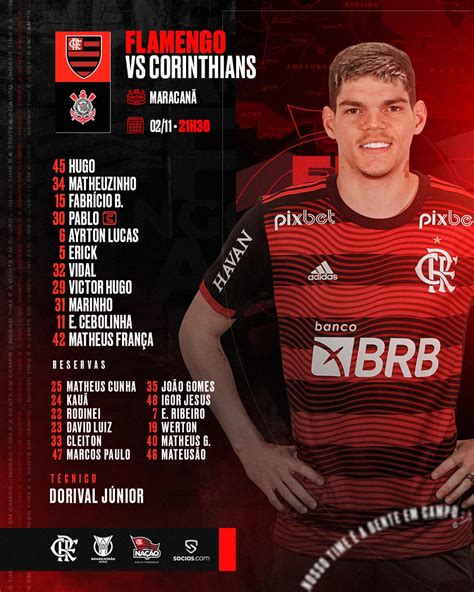 Jutuek SAIU Flamengo divulga escalação para jogo contra o Corinthians