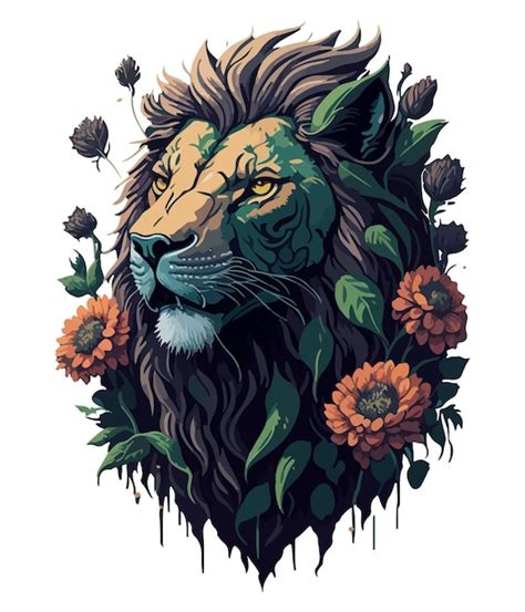 Un león con corona y flores en la cabeza Vector Premium