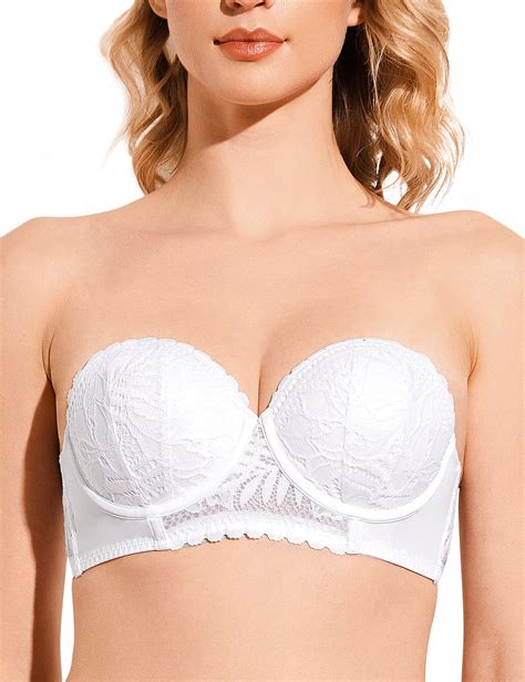 Deyllo Womens Lace Push Up Strapless Bra Multiway Invisible Underwire Full Coverage White