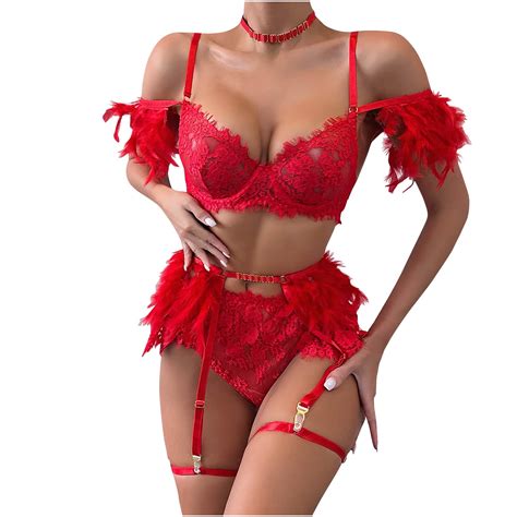 Women S 6 Piece Lingerie Set Feather Splicing Hollow Out Sexy Sets