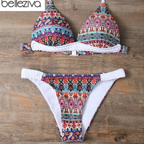 Belleziva Retro Print Brazilian Bikini Set Push Up Striped Tribal