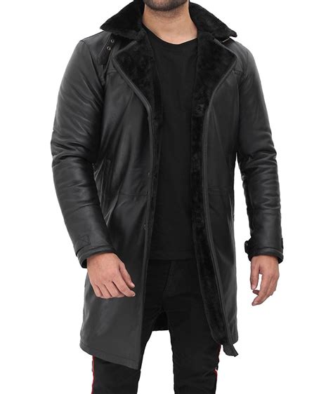 Mens Black Shearling Leather Coat Trench Coat