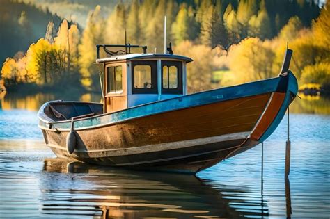 Un Barco Con Una Franja Azul Est Atracado En Un Lago Foto Premium